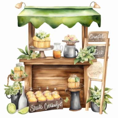 create a beatiful highly deatailed and saturated disney style watercolor clipart image of an old fashion wooden coffee shop style stand selling limeade and freshly baked key lime pies, with a small decorative wooden chalkboard sign, include grass and flowers, white background, no text, no font