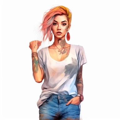 watercolor style, a beautiful girl with clearly visible tattoos, type of a creative person: graphic designer, freelancer, fashion designer, content manager or similar. Expressing freedom and self confidence. Modern and bold look. Realistic colors. Realistic picture. Fashionable bold clothes. Clipart, isolated on white background, 4K