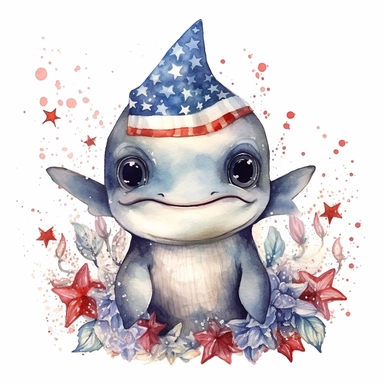 4th of july,cutest little nursery shark with big eyes, full body, pen and ink with watercolor, seaweed, jelly fish, little fish, pearlescent horn, sparkles, glittery, clipart sheet, nurseycore
