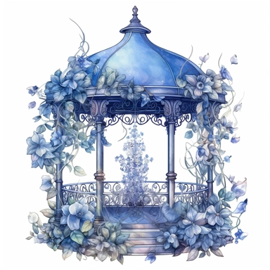 Blue highly detailed watercolor clipart, Enchanted gazebo with swirling vines and hanging lights, flowers, fantasy, highly detailed, fantasy cartoon illustration, different shades of blue, whimsical, UHD, 8K, 3D, solid white background