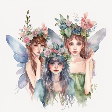 Magical fairies with delicate wings and flower crowns, watercolor clipart, isolated white background, high resolution, very detailed, 32k