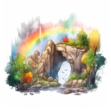 a watercolor of a rocky forrest scenery with rainbow, realistic fantasy Style, vector free clipart illustration, in the style of unreal engine 5, 32k uhd, detailed features, white background