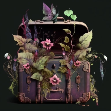 a fairy an opened gothic suitcase full of gothic flowers with watercolour effect, fairy plants, fantastic scene , fantastic gothic old flowers, suitable for digital clipart , unrealistic