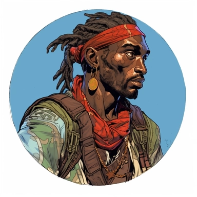 A circular tondo depicting a Dungeons & Dragons character lightly-armored dark-skinned African-heritage elf elvish weathered grungy hobo badass survivalist ranger warrior, Mike Allred Josh Kirby Mad Max Lord of the Rings, handpainted retrowave, clipart illustration, circle solid background