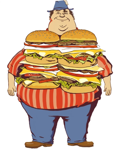 imagine a fat American man made out of McDonalds cheeseburgers, clipart illustration, clear, crisp, smooth, with white background