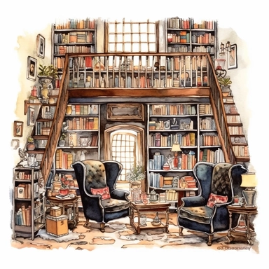 A vintage-inspired bookstore with shelves full of old books and cozy reading nooks, clipart, watercolor, white background, american style