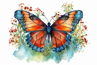 Watercolor, Generate an image of a California Sister butterfly perched on a branch, surrounded by native plants from its habitat, clipart, hd, on a white background, spaced out