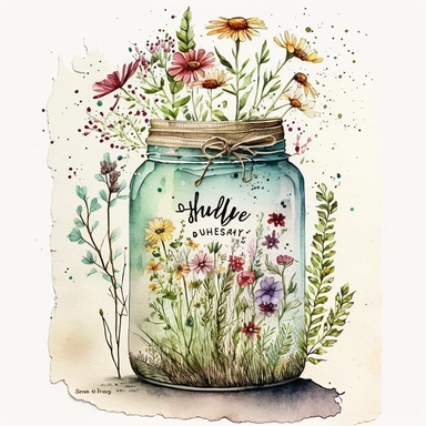 Create a mixed media art piece that incorporates the image of a jar filled with wild flowers, using the wild floral clipart and watercolor wild flowers. This piece should represent a significant moment or turning point in your personal journey as a woman. Consider incorporating specific flower types or colors that resonate with you, using the colors and textures of the watercolor flowers to communicate the emotions and themes of your journey, such as growth, beauty, and resilience. The image sho