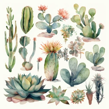 Watercolor Cacti Clipart Home watercolour plant Succulents digital clipart desert plant greenery png planner clipart Summer home decor, completely surrounded by white backround, zero overlap, no touching objects, all objects in the same foreground, no words