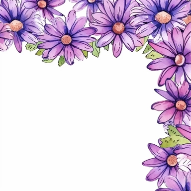 detailed vibrant watercolor rectangle purple daisy flower border with cute border line and with wide middle white space , isolated on white background, realistic, clipart
