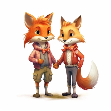 2 foxes, male, female, holding hands, cartoon, childrens book sytle, clipart, white background