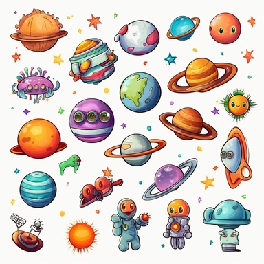 clip art designs of outer space, planets, aliens, stars, moons, suns, white background