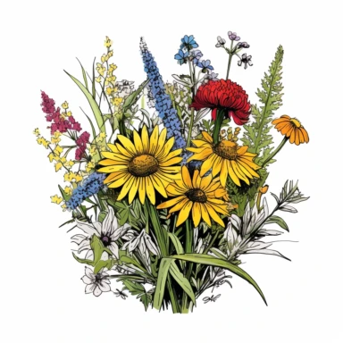 Meadow-Inspired bouquet , large : Create a meadow-inspired arrangement by combining native UK and American flowers that bloom in meadows. Mix cowslips, cornflowers, and red campions from the UK with black-eyed Susans, goldenrods, and butterfly weeds from America, atercolour flower arrangement clipart, vector, intermingled with greenery, white background, no captions, ar 2:2, repeat 10