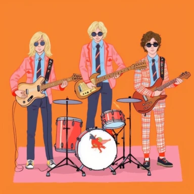 a set of clipart inspired by the story of a fledging American rock band at a Swiss boarding school as conceived by Wes Anderson, rich kids at an exclusive school playing rock music, The Royal Tennanbaums, preppy rock aesthetic
