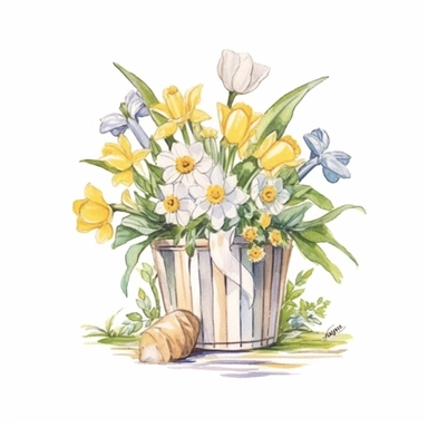 Design a delightful hand-drawn watercolor clip art image featuring a family gift niche adorned with birth flowers representing a family of five. Customize the image by selecting birth flowers for each family member: a March baby (Daffodil), a May baby (Lily of the Valley), a July baby (Water Lily), an October baby (Marigold), and a December baby (Poinsettia). Incorporate small, hand-lettered name tags beneath each birth flower, personalizing the image and adding a charming touch.