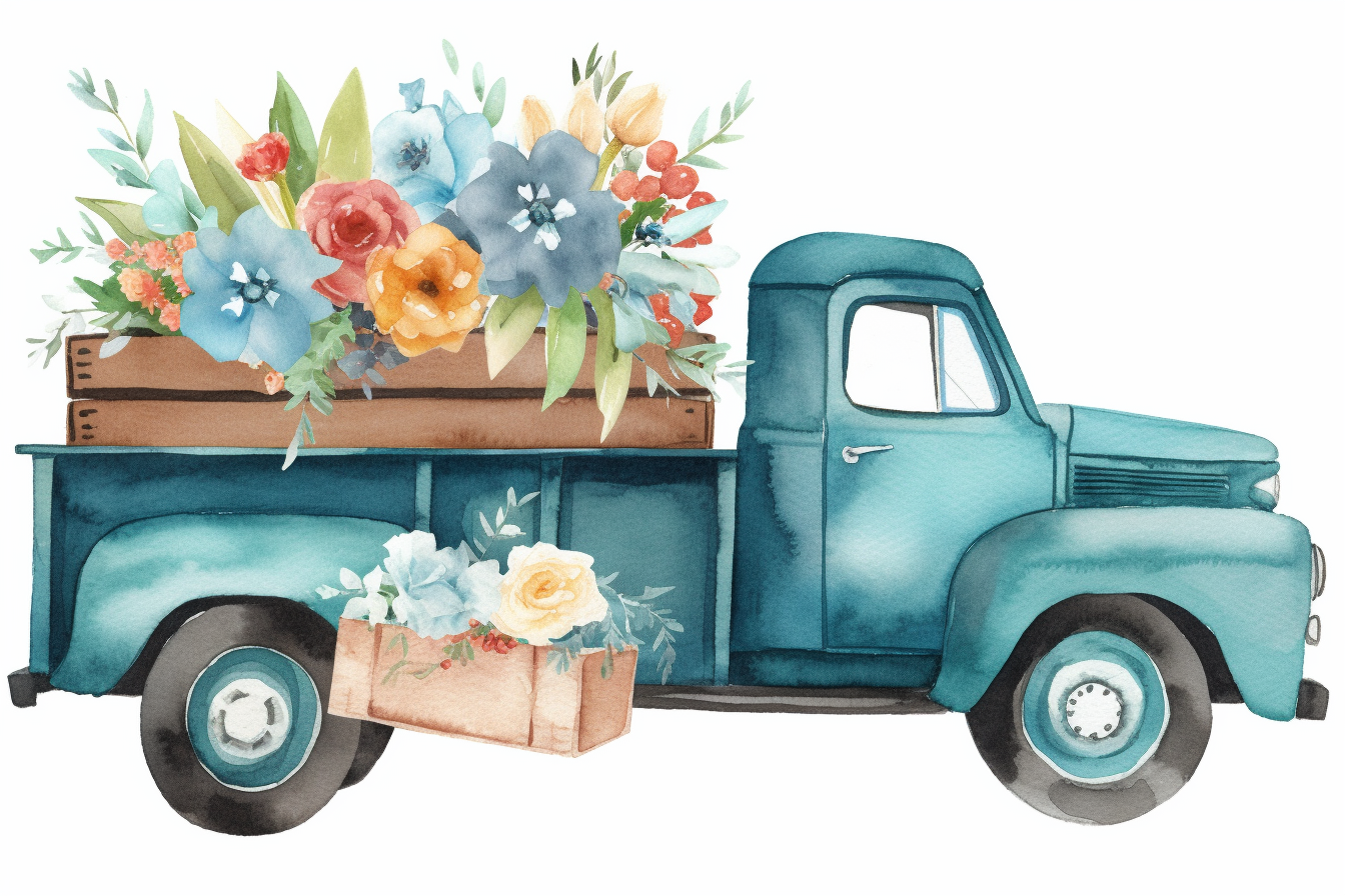 Vintage Flower Truck Clipart, Teal Ford Chevy Truck, Watercolor Truck