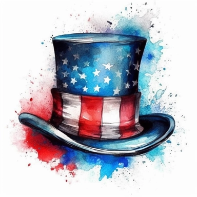 top hat painted in american flag, amazing watercolor clipart, blue, white, red, bright color, ultra realistic, hd, independents day, patriotic usa