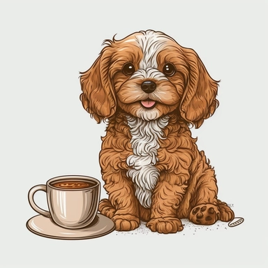 a happy long eared cavapoo dog with a cup of coffee, vector art logo, clipart, cartoonistic with clean lines, white background