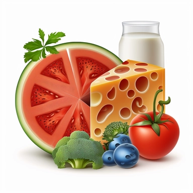 Clipart, Cartoon, milk, bread, tomato, banana, orange, one slice of watermelon, broccoli, white background