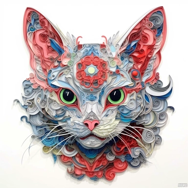 Maneki-neko, Domestic Shorthair, joyful, paper quilling In the style of Brian Froud & Alan Lee, clipart, complex design, dreamy color, white contour, white background only