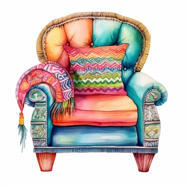 A boho-style chair with colorful cushions clipart, white background, watercolor drawing