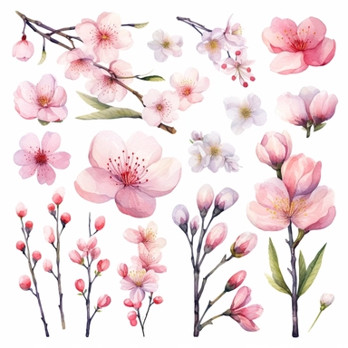 Immerse yourself in the beauty of a cherry blossom landscape with this captivating clipart collection. The set features watercolor sakura blossom PNG images, each delicately painted to capture the ethereal nature of these iconic flowers. The pink floral elements can be used to enhance various designs, including wedding invitations, baby shower announcements, and more. The graceful sakura blossoms exude a sense of romance and tranquility, creating a whimsical atmosphere. Let the soft pink petals 