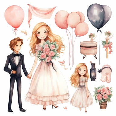 Wedding rings tied with a ribbon, cute wedding illustrations clipart set, ILLUSTRATIONS FOR THE BOOK, cartoon elements, different variants, girl with long hair in a wedding veil, wedding, husband and wife Love, Hearts balloons, veil, garland, wooden elements, sit on a bench, on the car, white transparent background separate elements with a margin Watercolor