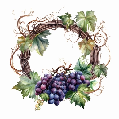 watercolor ultra realistic and hyper detailed illustration of a Grapevine wreath with intertwined branches, clipart, white background