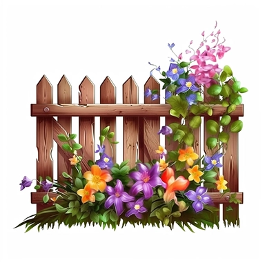 colorful wooden fence with flower vine clipart, high detail, illustration style, high solution, on the white background