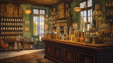 illustration, realistic interior of a vintage bengalore 1896 perfumery and pharmacy with some perfume bottle boxes incense boxes, atmospheric nighttime with ambient lamp lighting, Clipart, watercolor, realistic, full building, highly detailed, hdr, 32K, photo expert quality, watercolor realistic, hyperrealistic and highly detailed