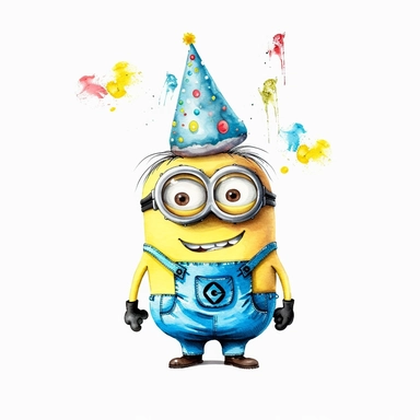 Minnions Cartoon, Cute Beautiful Cute Minnions characters Watercolor Sublimation Clipart, Birthday Party, Minnie is wearing Birthday Hat, Cartoon, hyper realistic, intricate detail, illustration style, high solution, on the white background