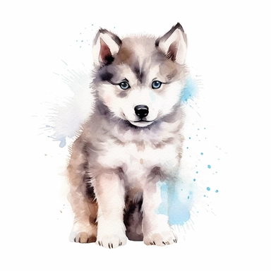 full perspective watercolor fluffy husky puppy clipart, on a white background