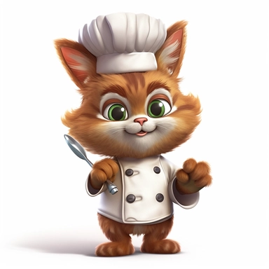 clipart, cartoon brown cat like a chef in the kitchen, in the style of imax, playful and lighthearted compositions, childlike innocence and charm, uhd image, realistic and hyper-detailed renderings, movie still, utilizes, white background