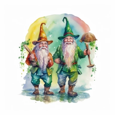 Magical style Leprechauns and Rainbow from Kelt mythology with watercolor effect,Wild scene,Suitable for digital clipart,White background,Full body