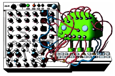 white background 1995 clipart cartoon, cool cigarette dude with giant brain playing a modular synthesizer,