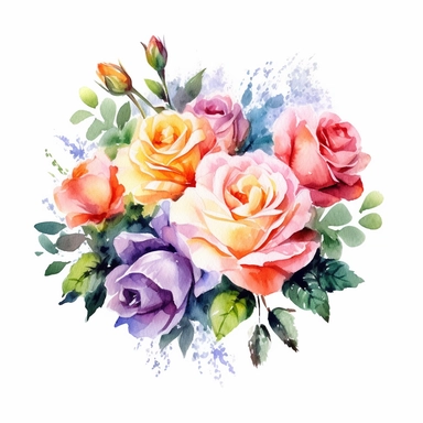 watercolor painted bouquet of mixed colored roses clipart, Flower Border clipart, Minimalist Flower Bouquet clipart, mixed colored roses Clipart roses painting formal glamour elegant style wedding floral bouquet, wedding clipart include babys breath flowers in the bouquet 4