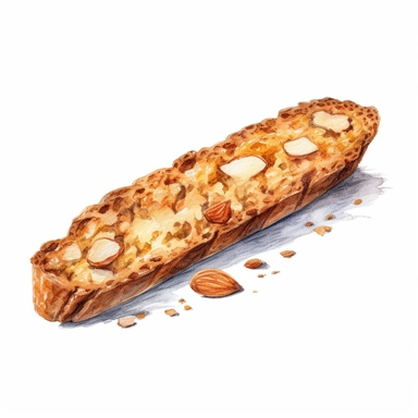 Almond Biscotti Cookie: A long and thin cookie made with almonds and perfect for dipping in coffee or tea. Crunchy in texture and small in size, watercolor clipart, minimalist, bright colors, isolated white background, 8k