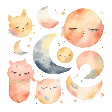 watercolor clipart of cute sweet dreams decor set, half moon sleeping, cute objects, soft watercolor, watercolor paper texture, no background. clear simple shapes.Adorable. High quality