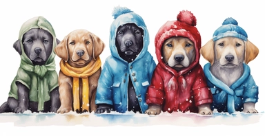 Cute labrador puppies in a line, dressed in cute christmas outfits, playful, vivid colors, white background, ornamental watercolor clipart, I can't believe how beautiful this is