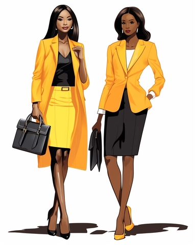 professional black women in fashionable business suits standing together, each wearing bright colors, looking happy, wearing high heels, carrying small handbags. Full body. Illustration style, clip art cartoon clipart of Naomi Campbell at 25 years old conservative business woman in trendy business suit