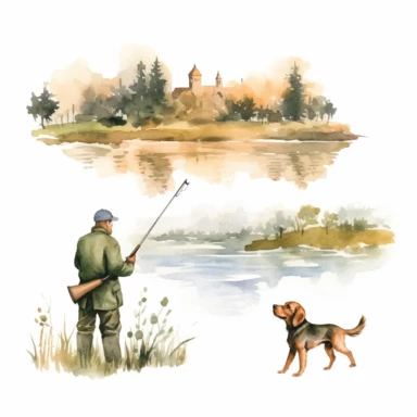 watercolor hunting scene in forest or fields with lake in vicinity on white background with setter and pointer dogs in pointing stand , illustrations clipart set, simple, , cartoon elements ,different variants , natural elements, separate elements with a