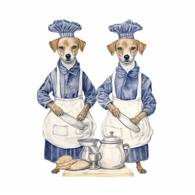 vintage cute dogs baking, wearing clothes, in the style of edward gorey, clipart, white background