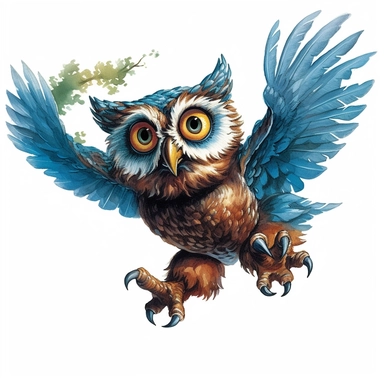 a clipart in the style of Bob Byerley of a magical woodland owl flying, isolated white background