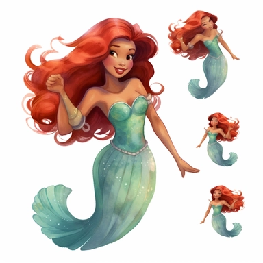 watercolour clipart character collection of halle bailey as ariel from the little mermaid. All consistent character with dark skin, red hair, and mermaid tail. Show full body with mermaid tail, white background.