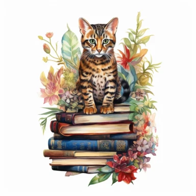 A bold Bengal cat with steampunk-inspired metallic markings, roaming through a vibrant floral jungle and discovering hidden treasures within a stack of ancient books, watercolor, Clipart,intricate details, on white background