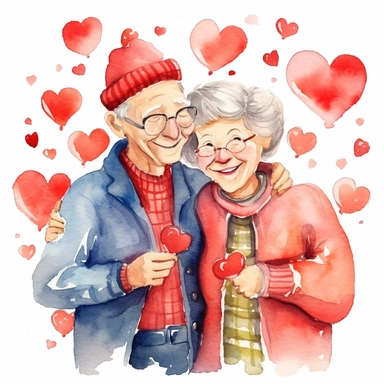 a heartwarming vibrant saturated cartoon watercolor clipart image with a white background, featuring cute sweet extremely happy elderly couple surrounded by hearts