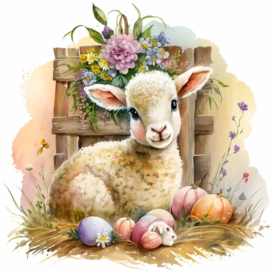an adorable watercolour easter baby lamb with big eyes surrounded by flowers and easter eggs clipart, in a cozy and rustic barn. The lamb is sitting on a bed of hay, with baskets of colorful easter eggs and bouquets of wildflowers nearby. The atmosphere is warm and inviting, with a touch of nostalgia. Artwork, painted with watercolors and ink