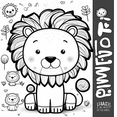 cute lion 2D clip art doodles, line art, black and white
