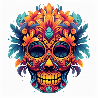 isolated flat clipart on a white background of a spooky day of dead themed voodoo mask tshirt design graphic, in the style of daniel f. gerhartz, transcendent, nikon d850, art of burma, captures the essence of nature, in the style of organic forms and patterns, expansive skies, hyper-detailed illustrations, i can't believe how beautiful this is, lively colors