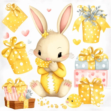 a shy baby Bunny with gifts Clipart, Peter rabbit, wearing a yellow coat covered in hearts, Nursery summer Clipart, Easter Clipart, summer Bunny, Crafting Digital Paper, Mother’s Day, white background